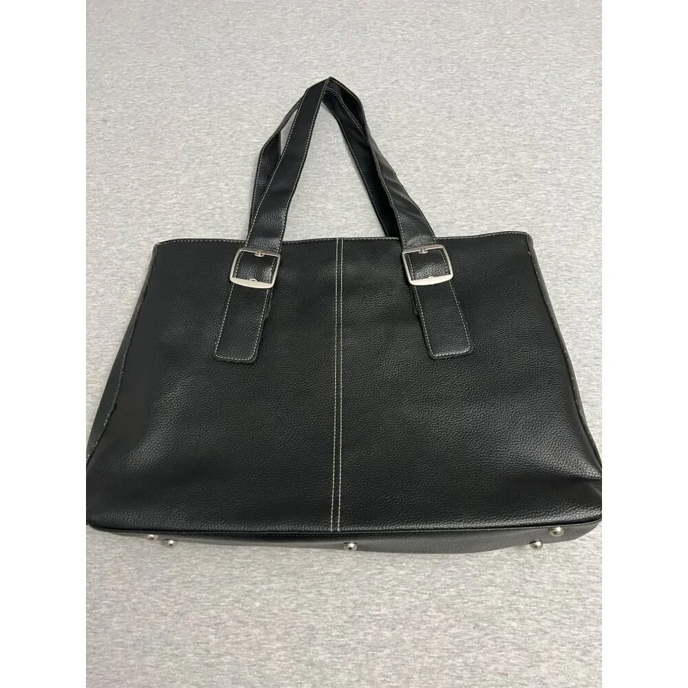 Black Solo New York Womens Faux Leather Tote With Pink Interior Buckle Strap Lap